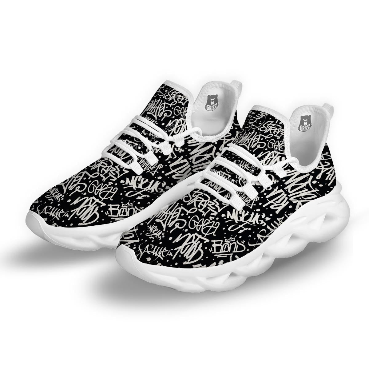 White And Black Graffiti Doodle Text Print White Running Shoes-grizzshop