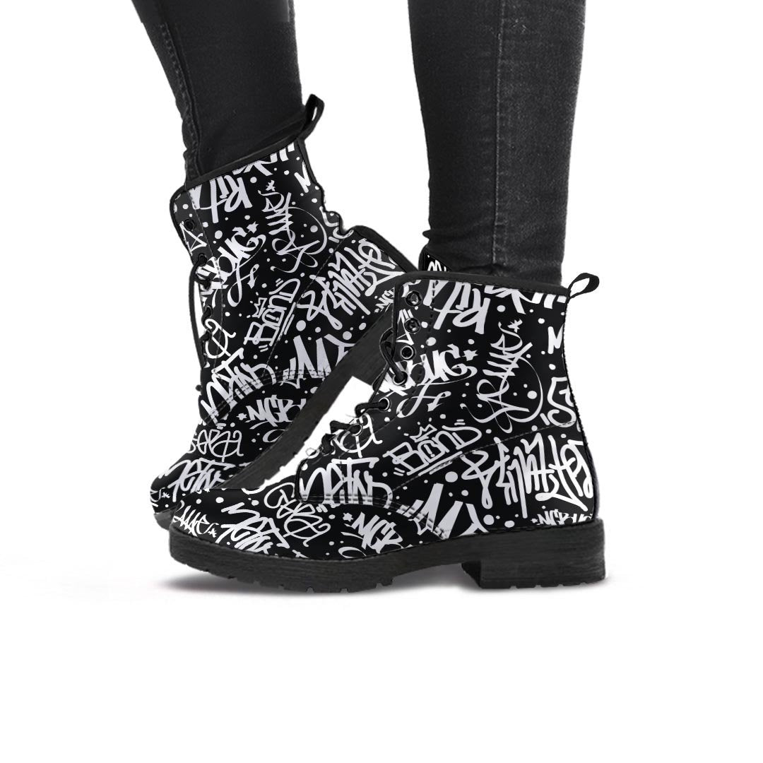 White And Black Graffiti Doodle Text Print Women's Boots-grizzshop