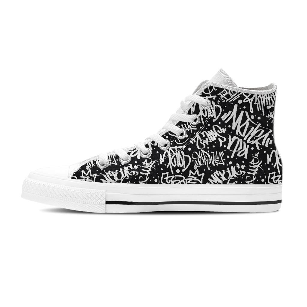 White And Black Graffiti Doodle Text Print Women's High Top Shoes-grizzshop