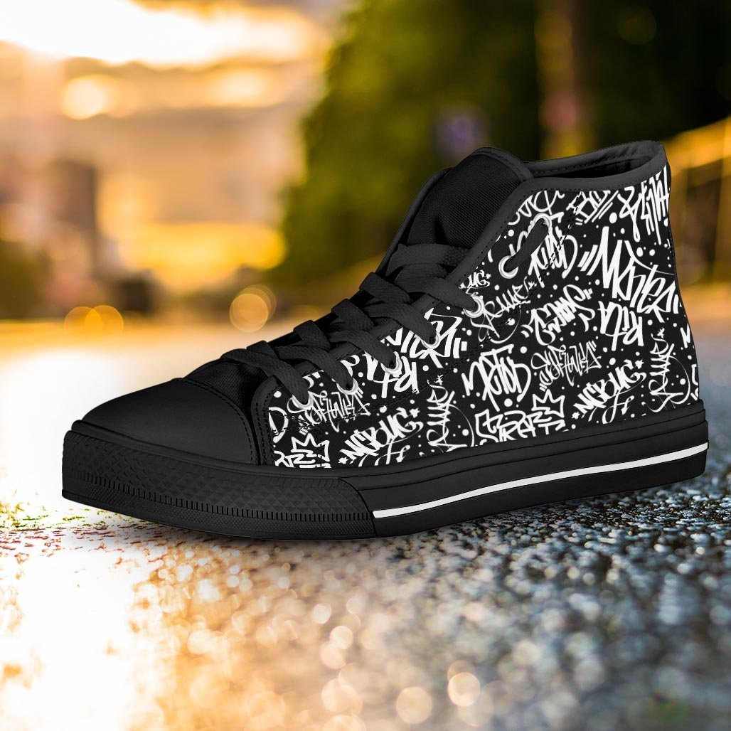 White And Black Graffiti Doodle Text Print Women's High Top Shoes-grizzshop