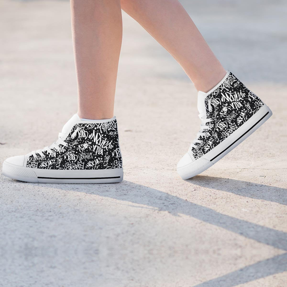 White And Black Graffiti Doodle Text Print Women's High Top Shoes-grizzshop