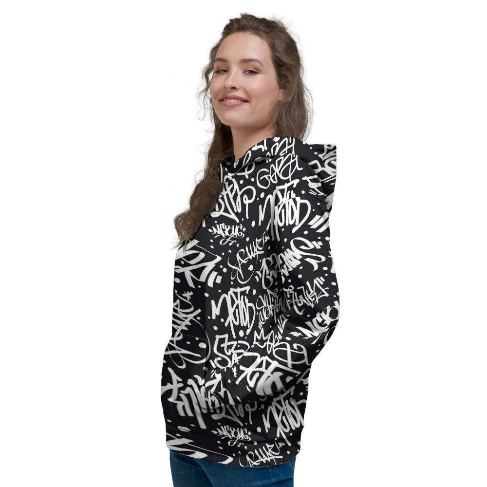 White And Black Graffiti Doodle Text Print Women's Hoodie-grizzshop