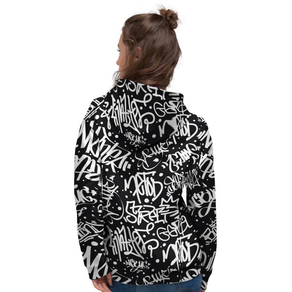 White And Black Graffiti Doodle Text Print Women's Hoodie-grizzshop