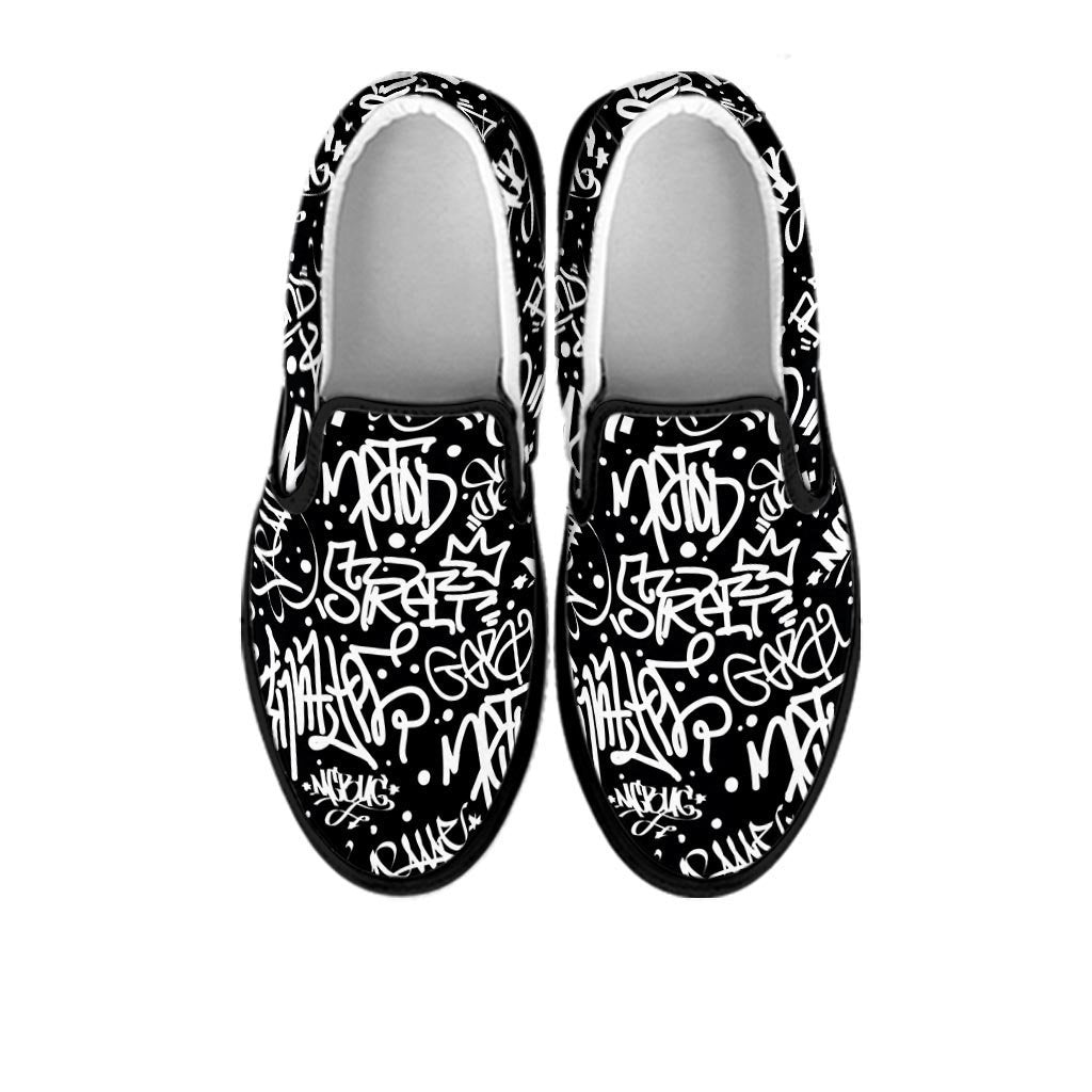 White And Black Graffiti Doodle Text Print Women's Slip On Sneakers-grizzshop