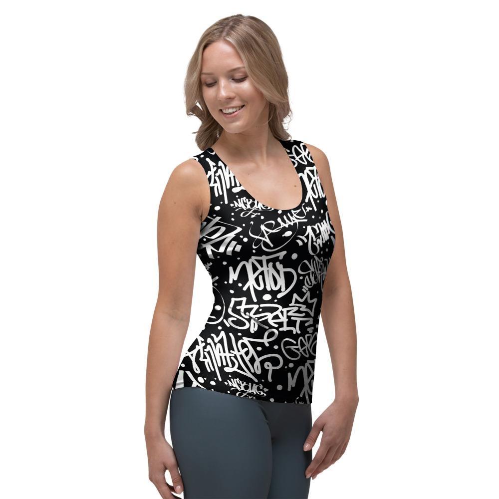 White And Black Graffiti Doodle Text Print Women's Tank Top-grizzshop