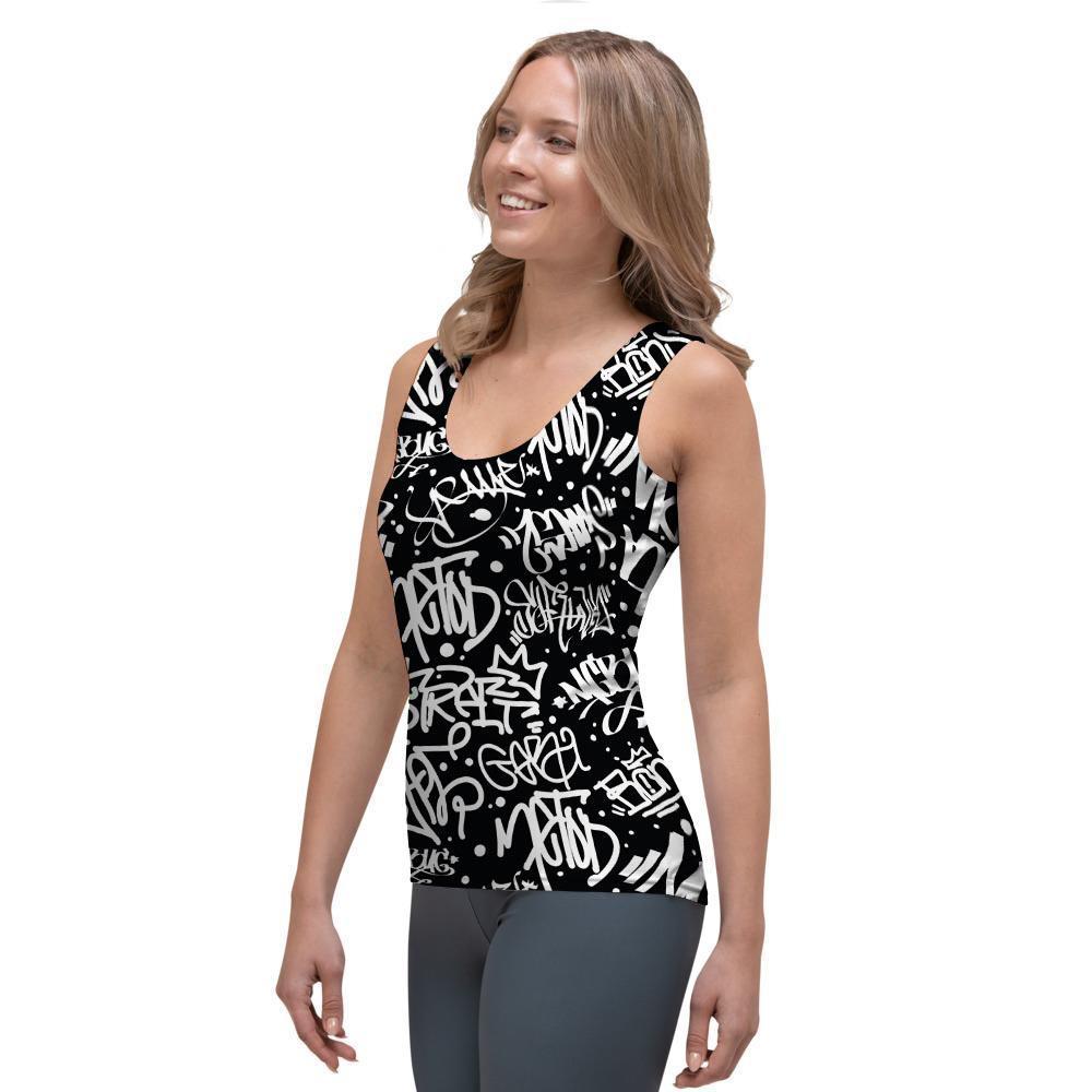 White And Black Graffiti Doodle Text Print Women's Tank Top-grizzshop