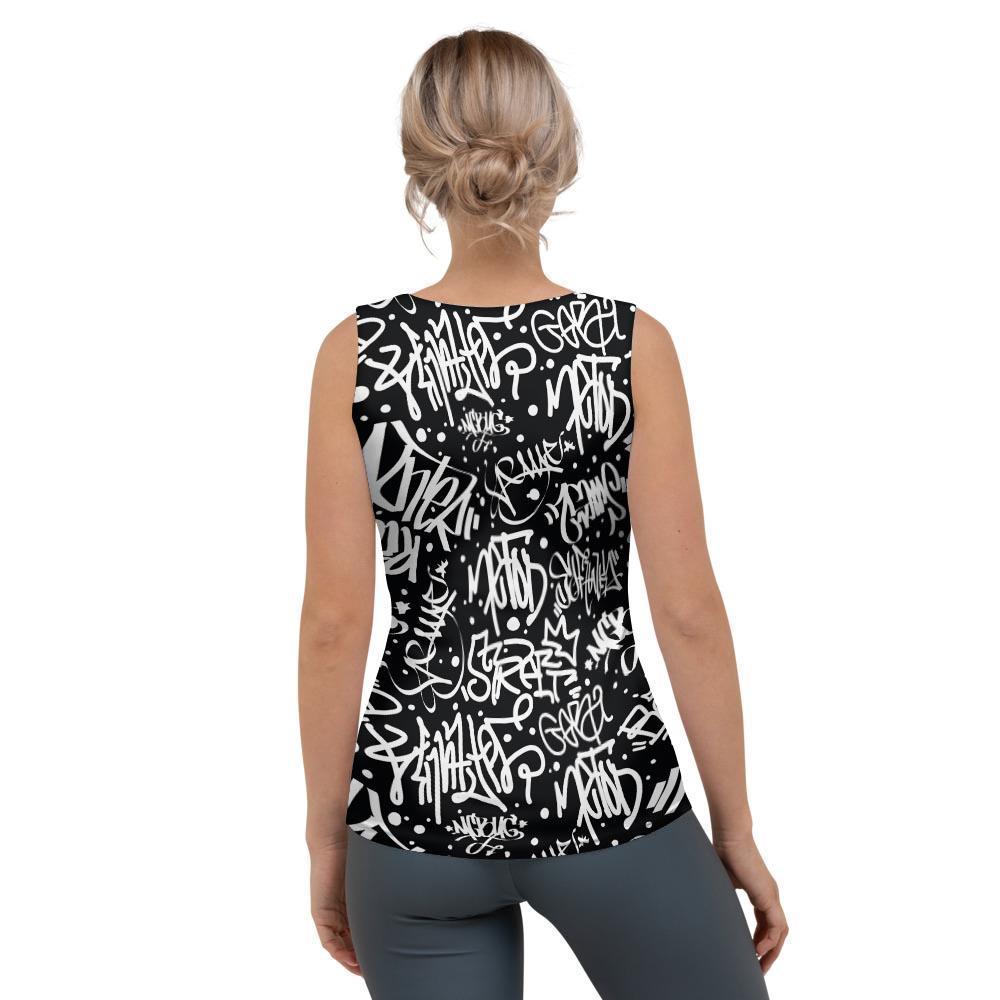 White And Black Graffiti Doodle Text Print Women's Tank Top-grizzshop