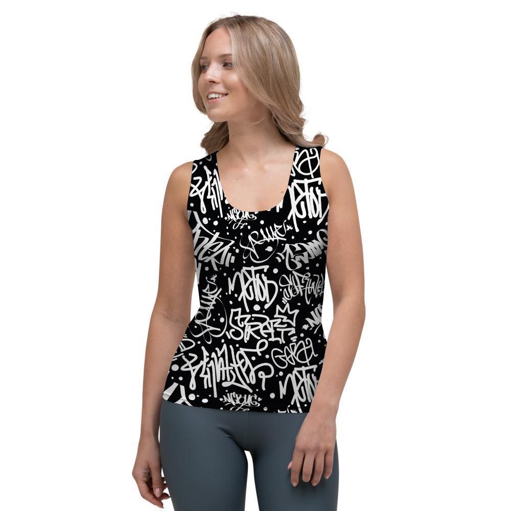White And Black Graffiti Doodle Text Print Women's Tank Top-grizzshop