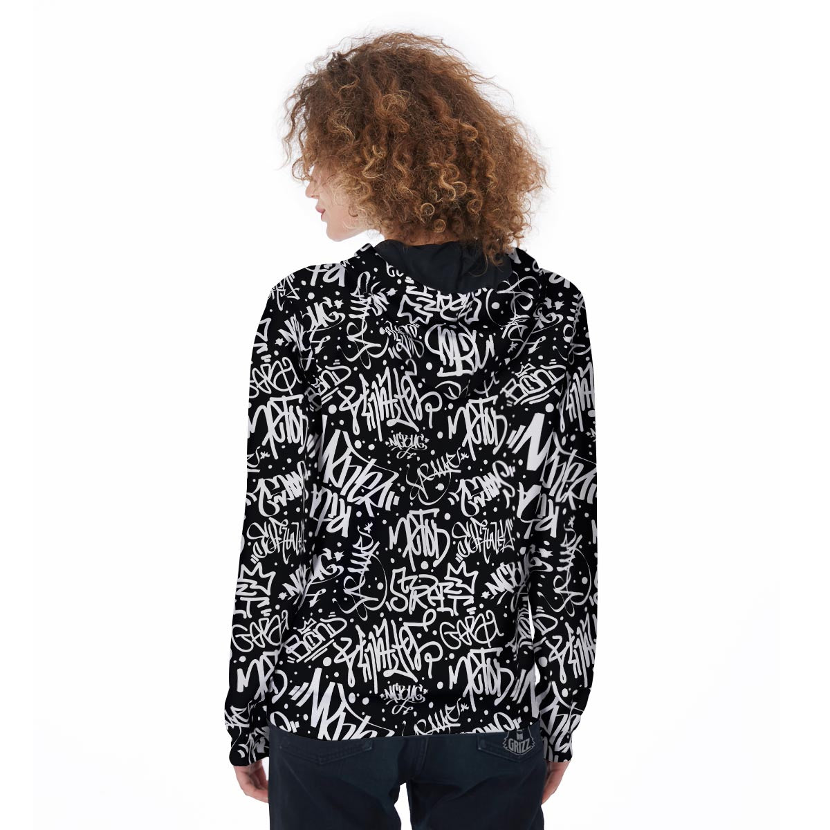 White And Black Graffiti Doodle Text Print Women's Zip Up Hoodie-grizzshop