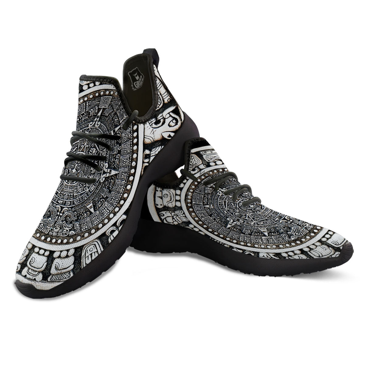 White And Black Maya Calendar Print Black Athletic Shoes-grizzshop