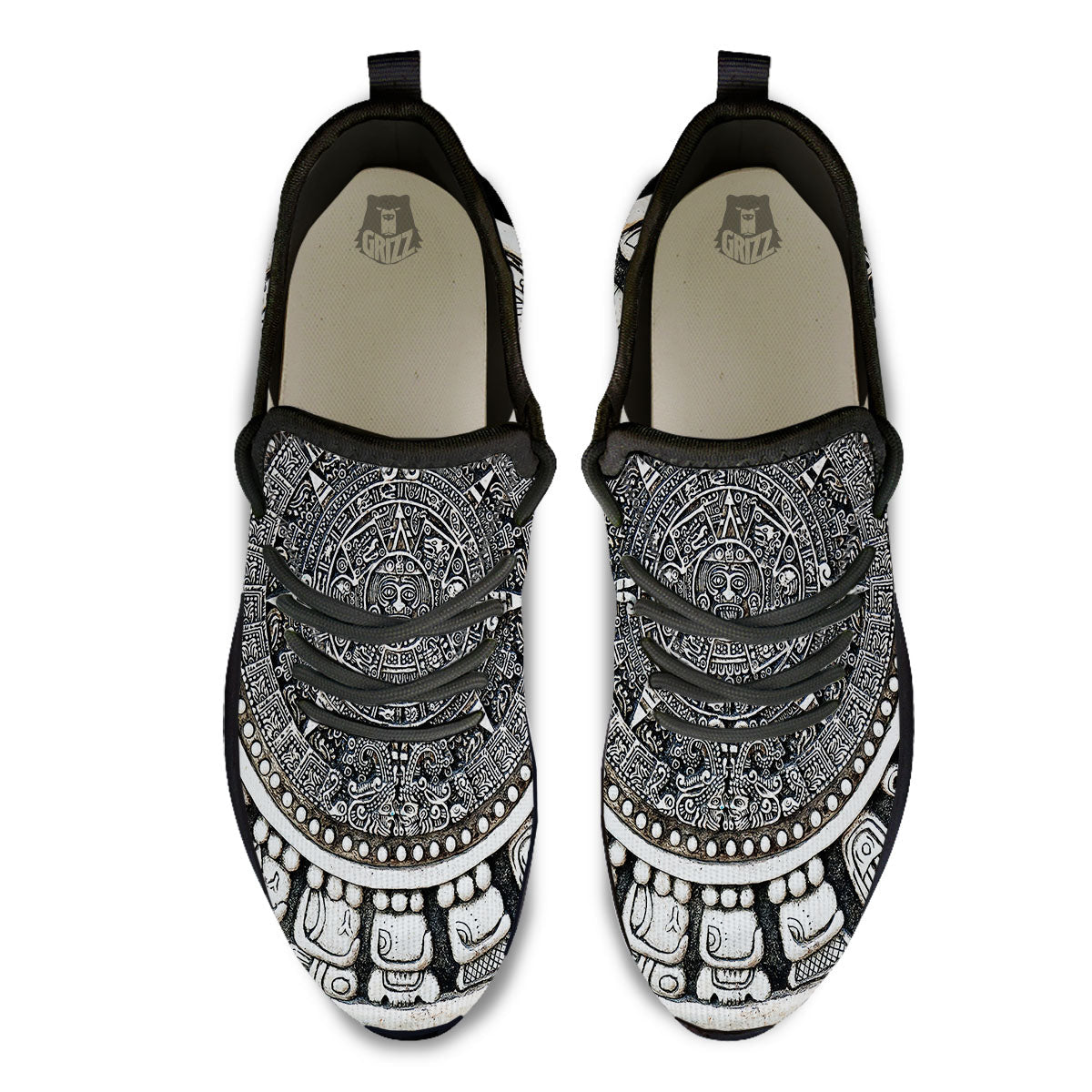 White And Black Maya Calendar Print Black Athletic Shoes-grizzshop
