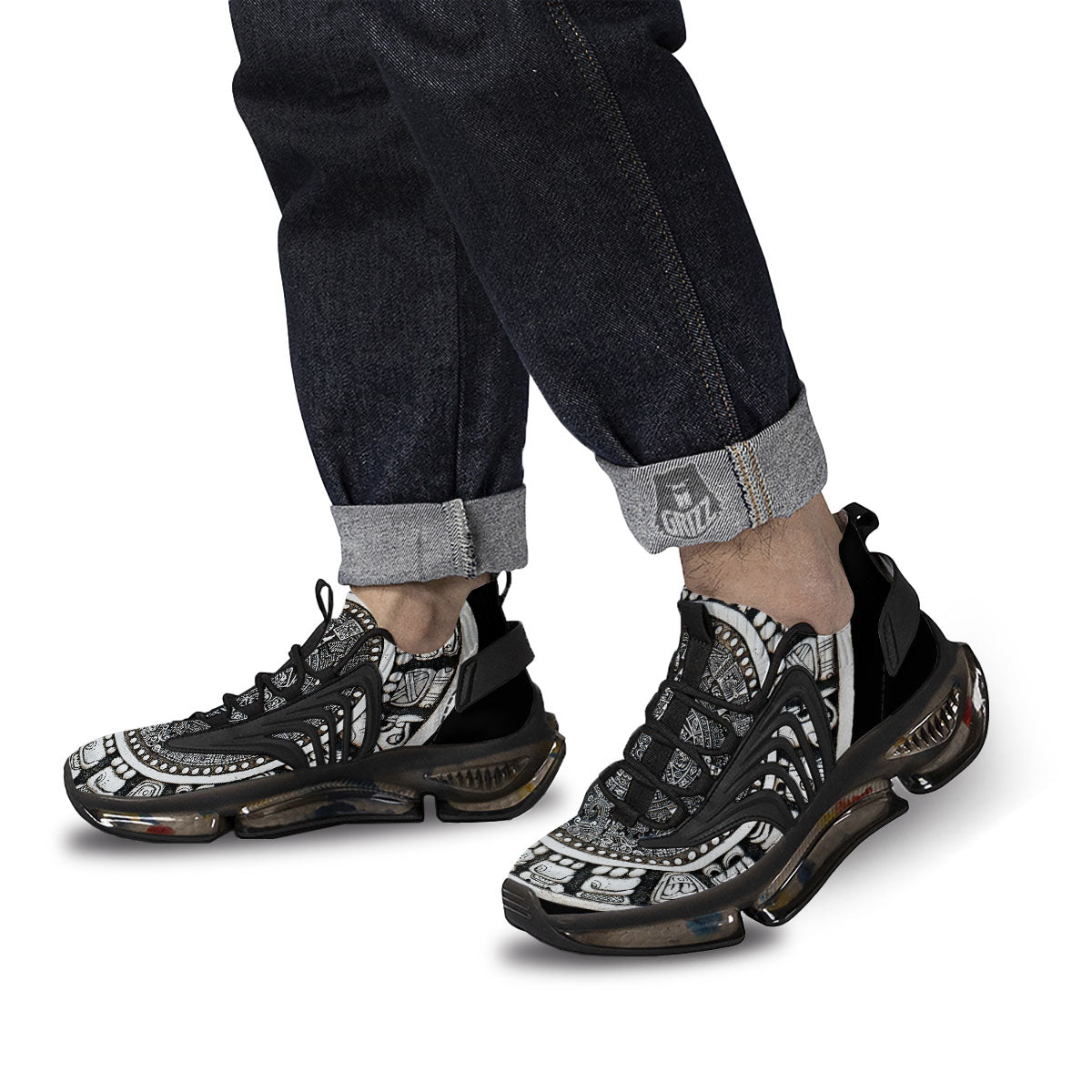 White And Black Maya Calendar Print Black Gym Shoes-grizzshop