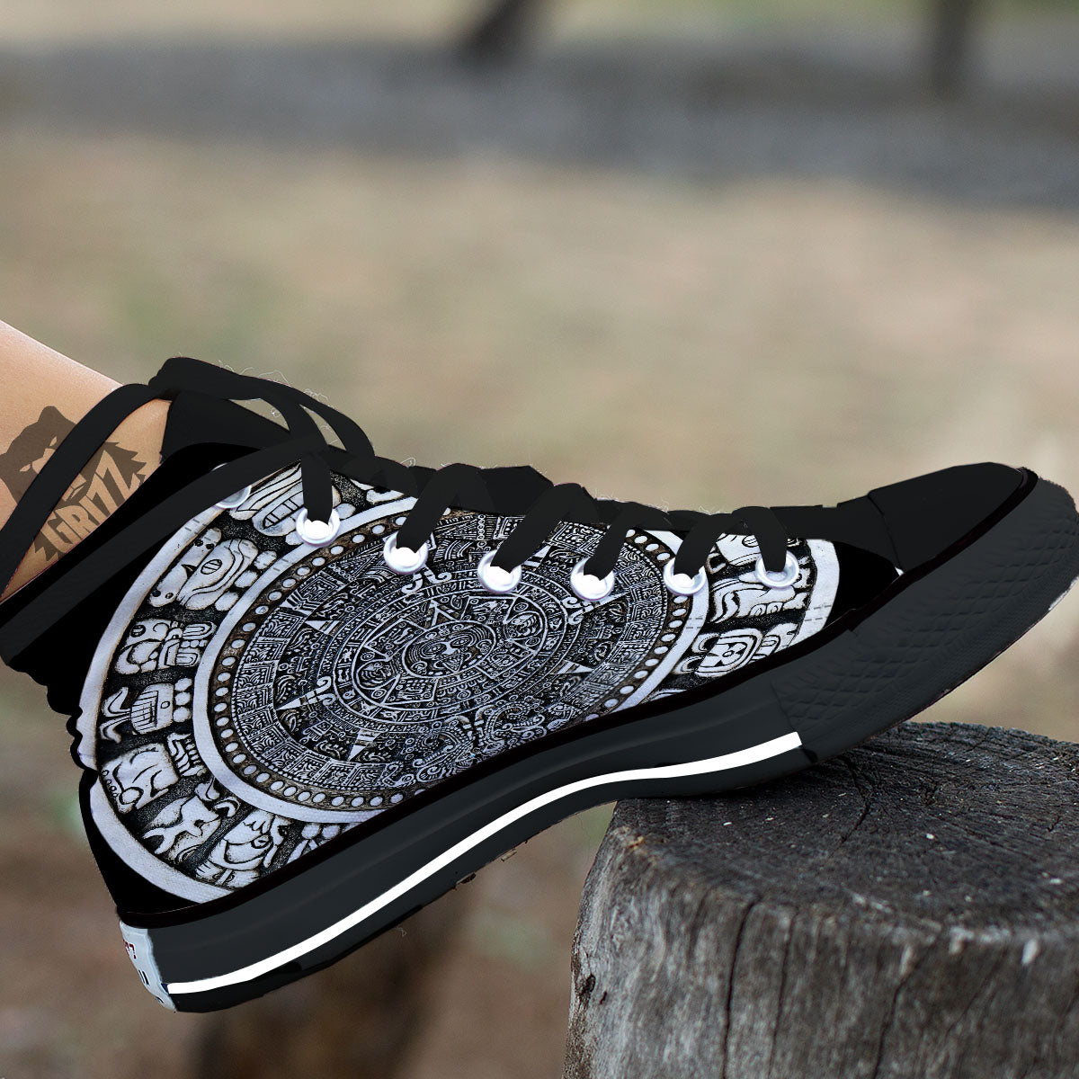White And Black Maya Calendar Print Black High Top Shoes-grizzshop