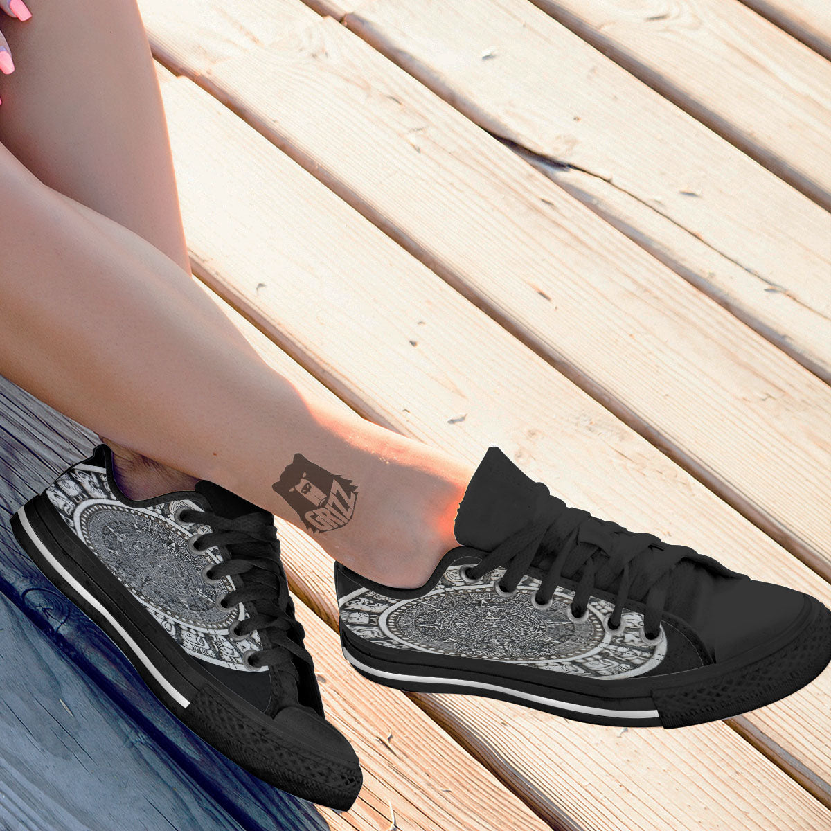 White And Black Maya Calendar Print Black Low Top Shoes-grizzshop