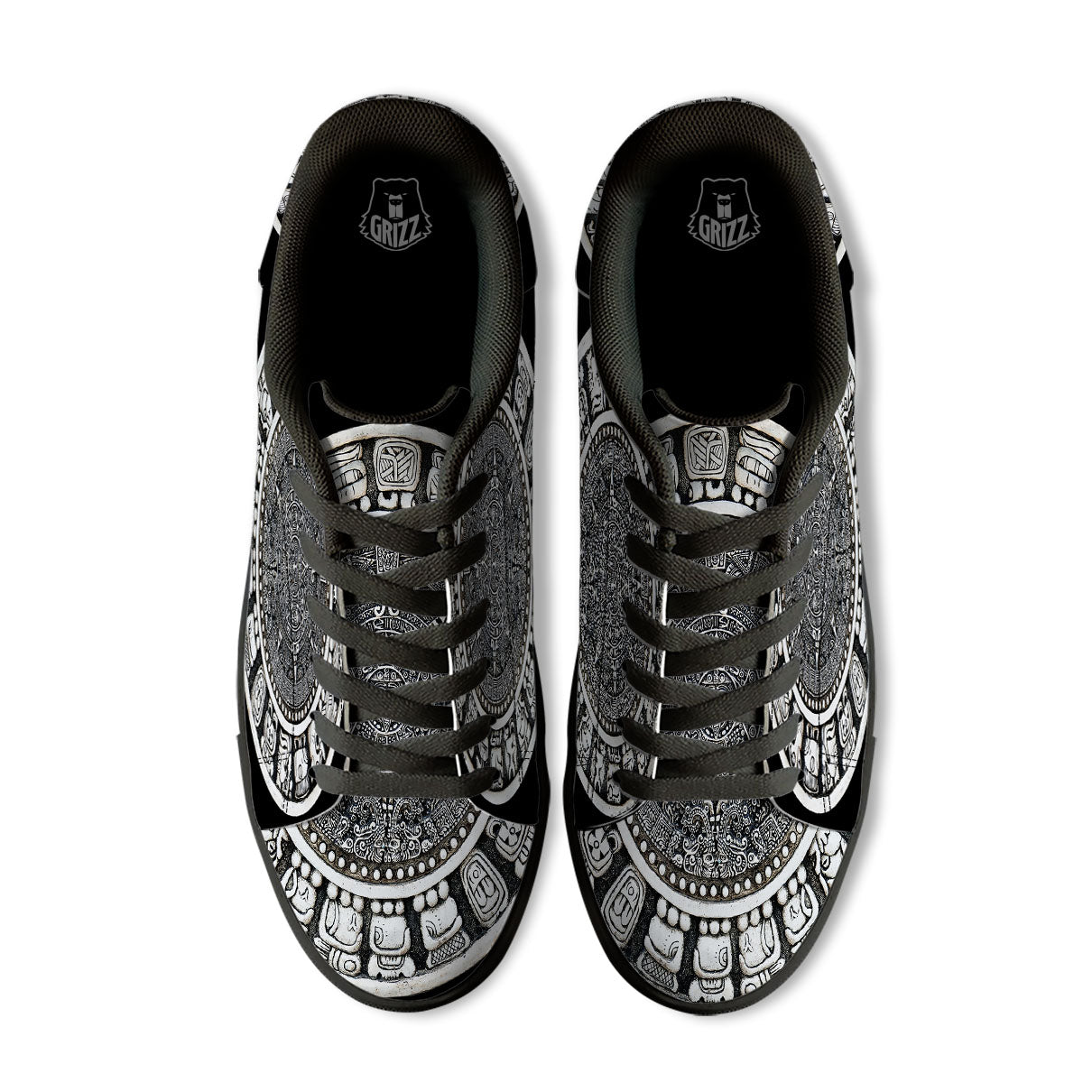White And Black Maya Calendar Print Black Low Top Sneakers-grizzshop