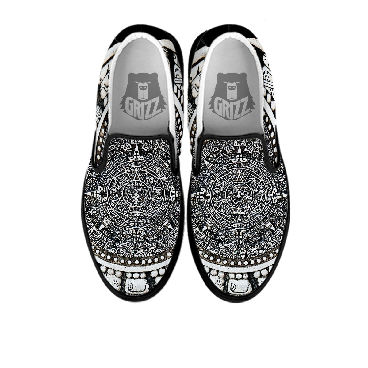 White And Black Maya Calendar Print Black Slip On Shoes-grizzshop