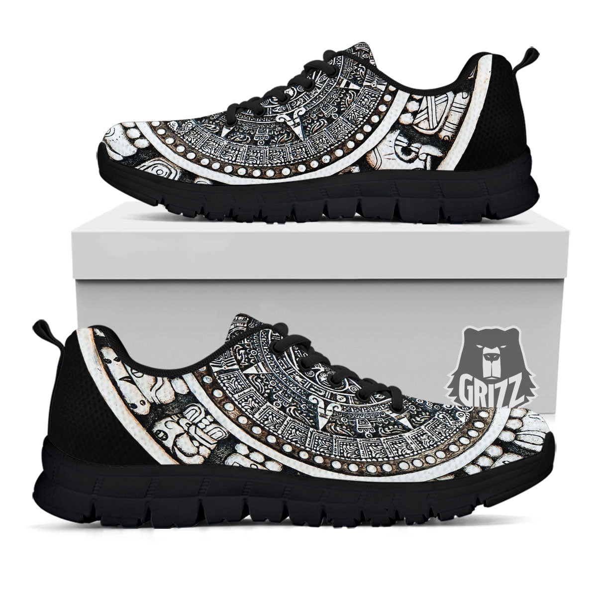 White And Black Maya Calendar Print Black Sneaker-grizzshop