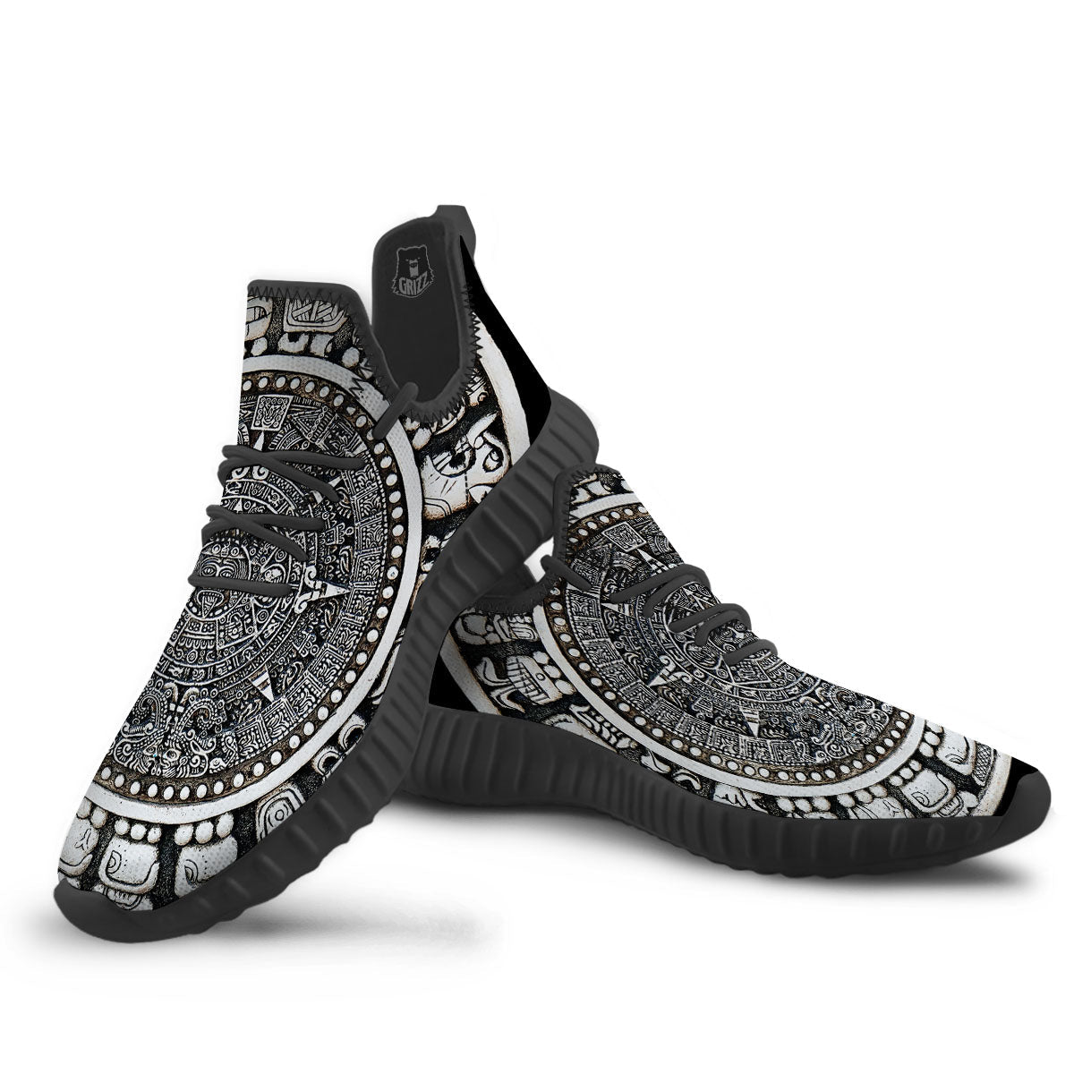 White And Black Maya Calendar Print Black Walking Shoes-grizzshop