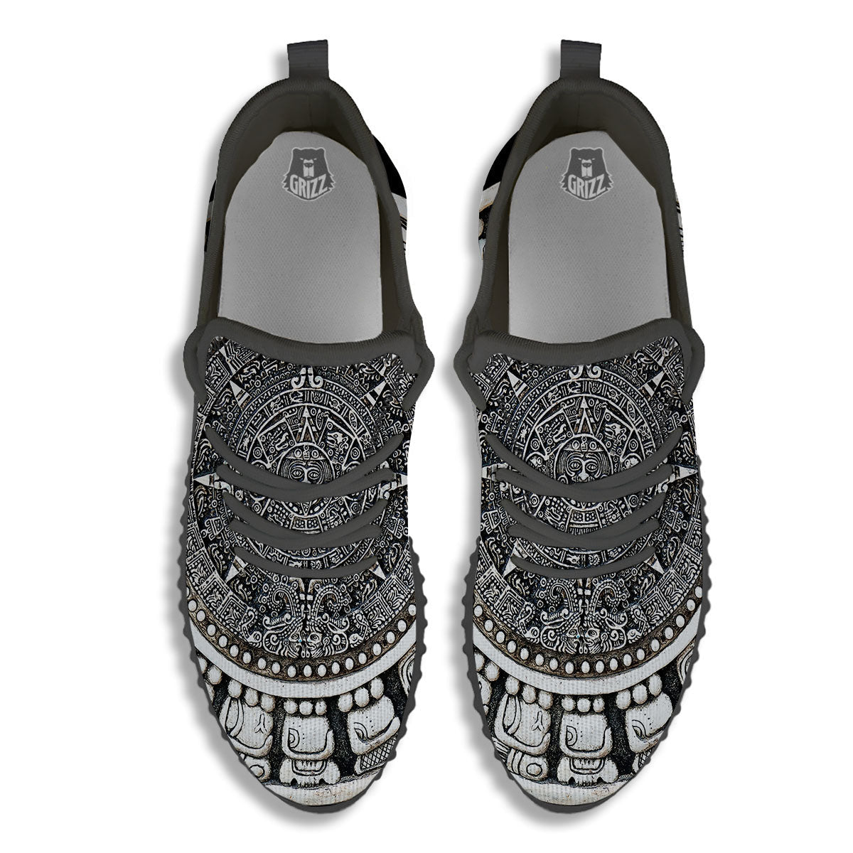 White And Black Maya Calendar Print Black Walking Shoes-grizzshop