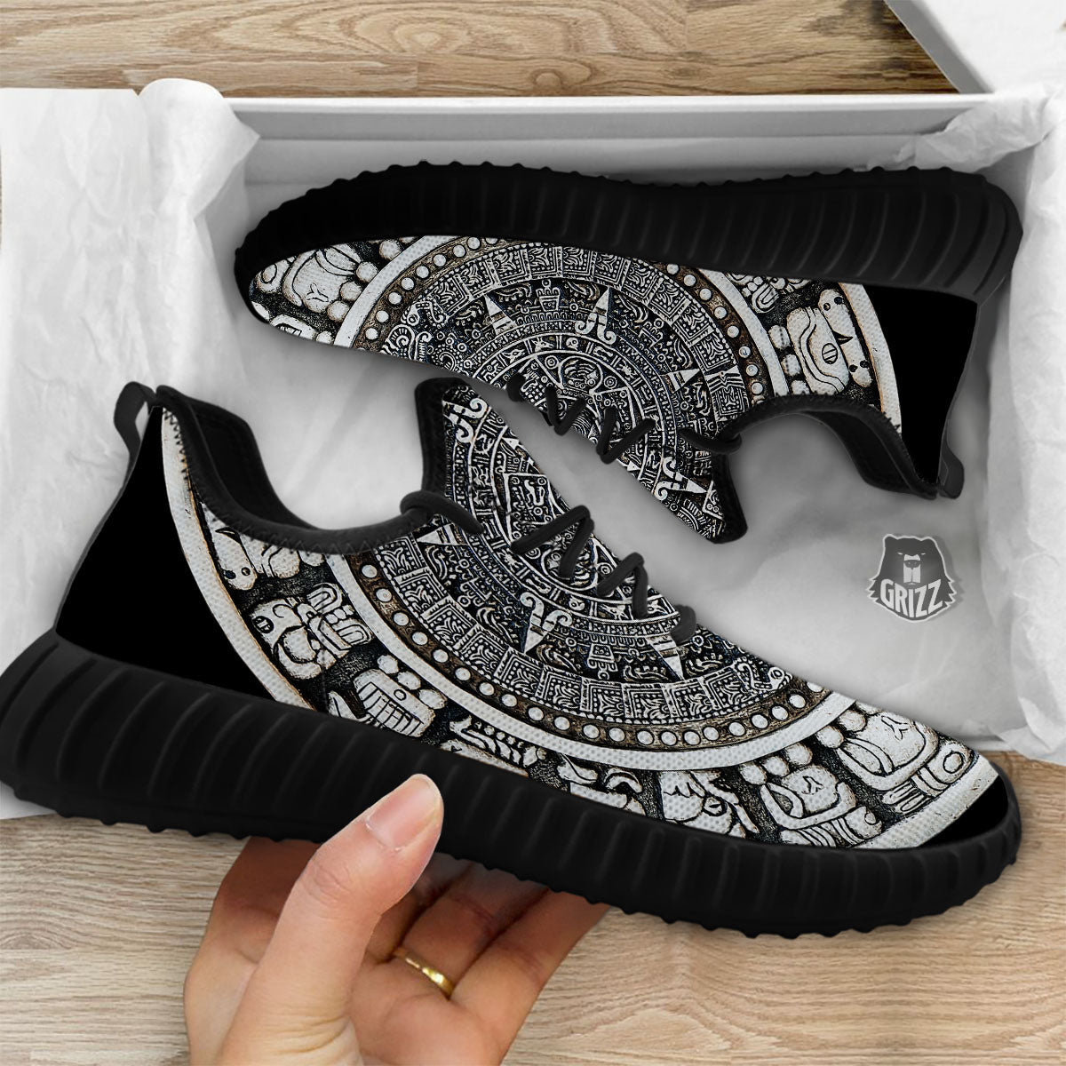 White And Black Maya Calendar Print Black Walking Shoes-grizzshop