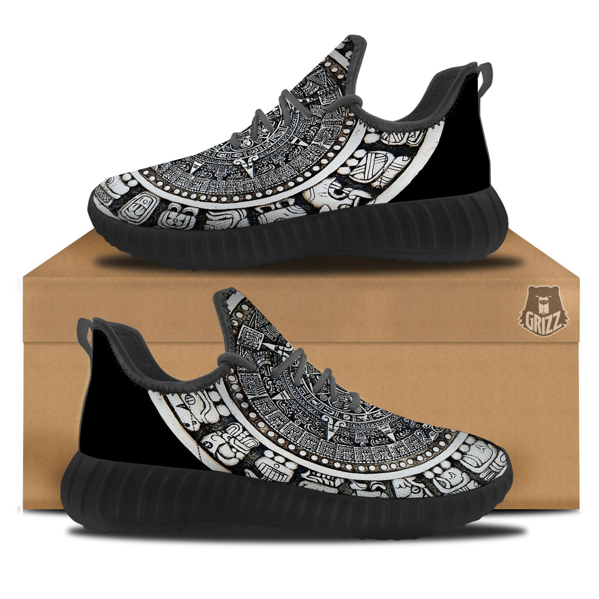 White And Black Maya Calendar Print Black Walking Shoes-grizzshop