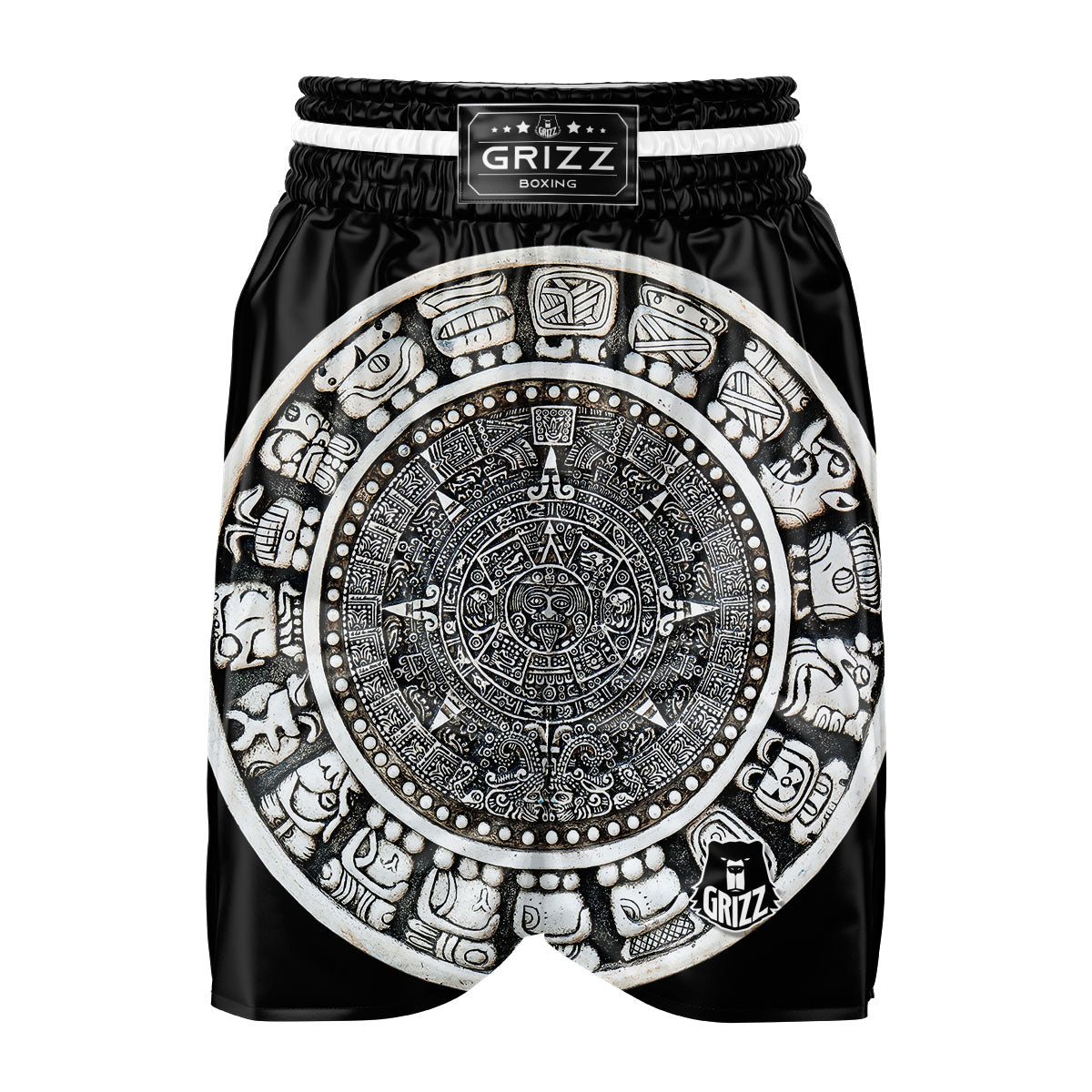 White And Black Maya Calendar Print Boxing Shorts-grizzshop