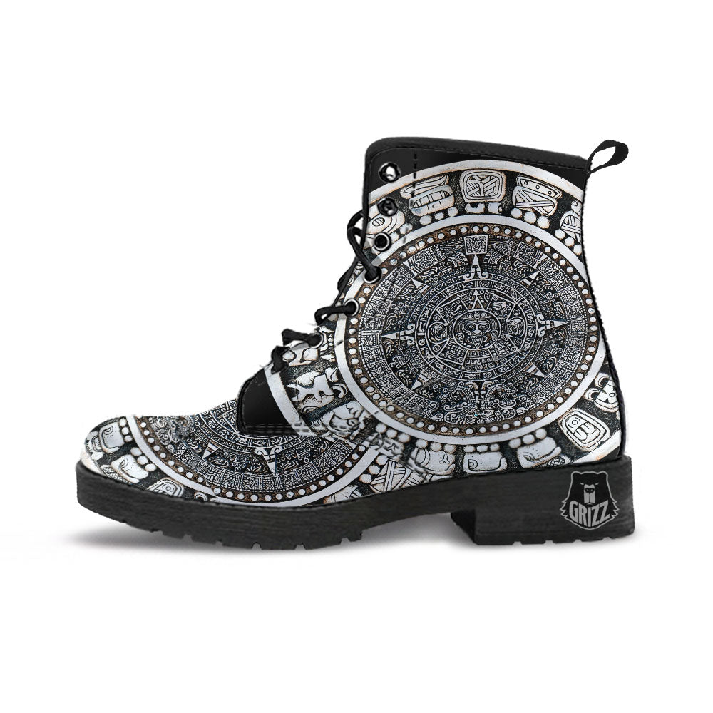 White And Black Maya Calendar Print Leather Boots-grizzshop