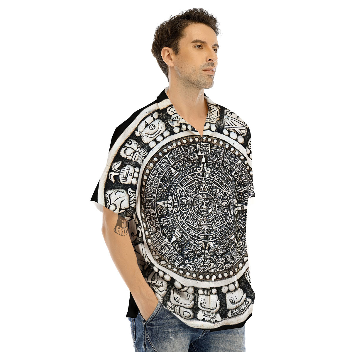 White And Black Maya Calendar Print Men's Hawaiian Shirt-grizzshop