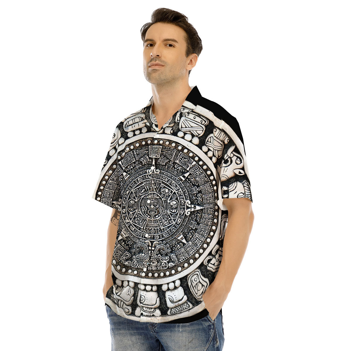 White And Black Maya Calendar Print Men's Hawaiian Shirt-grizzshop