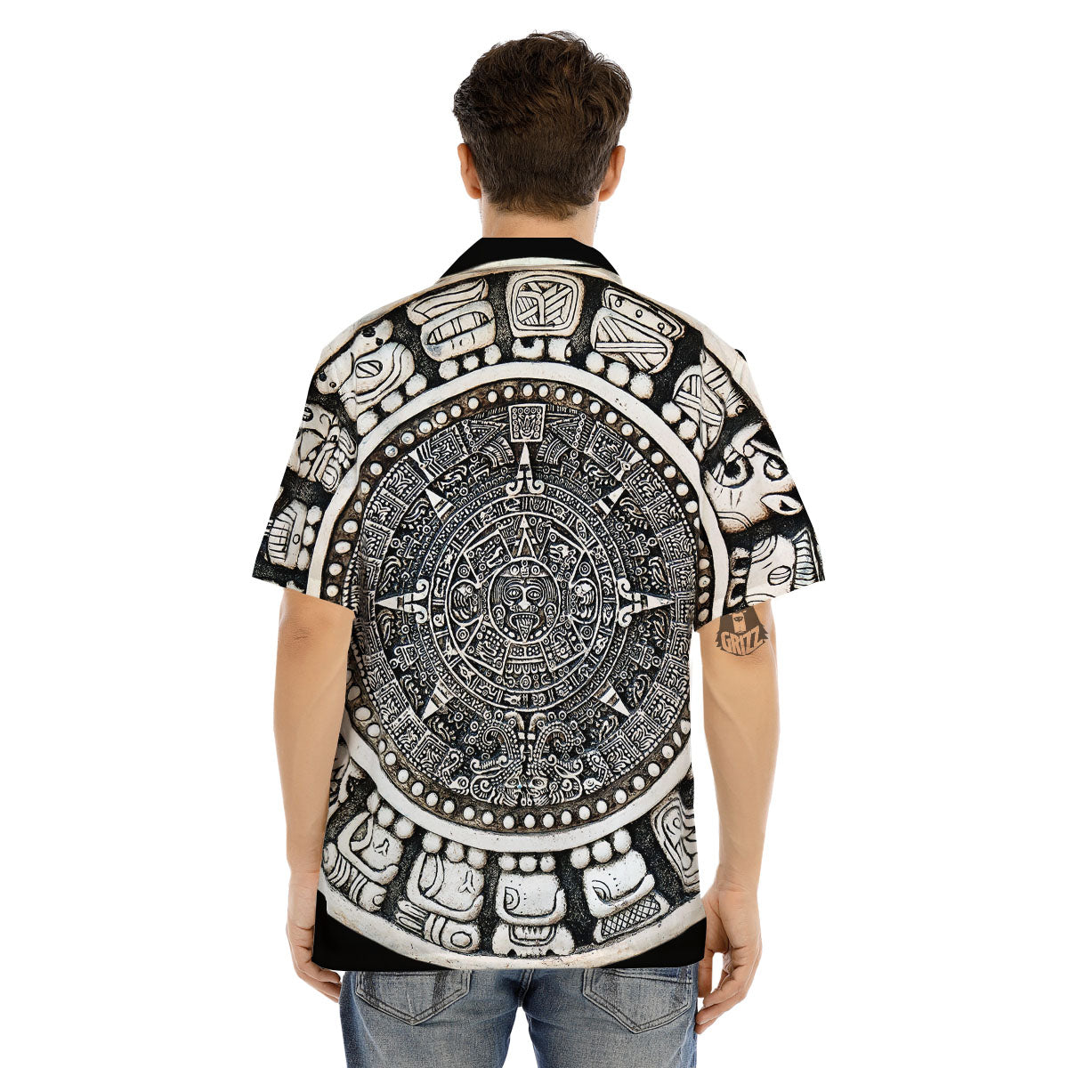 White And Black Maya Calendar Print Men's Hawaiian Shirt-grizzshop