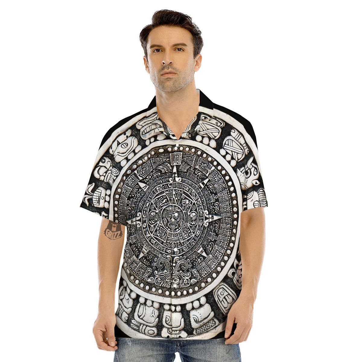 White And Black Maya Calendar Print Men's Hawaiian Shirt-grizzshop