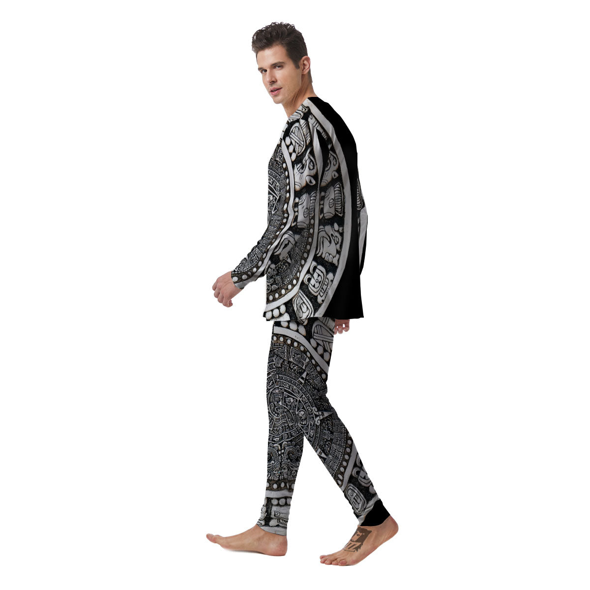 White And Black Maya Calendar Print Men's Pajamas-grizzshop