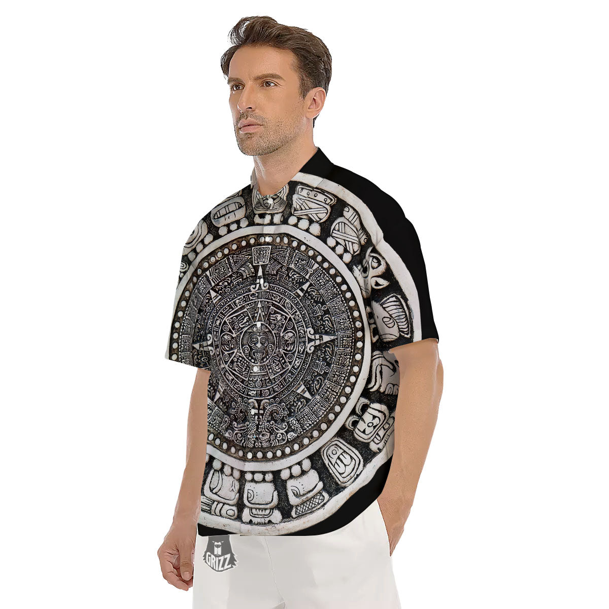 White And Black Maya Calendar Print Men's Short Sleeve Shirts-grizzshop