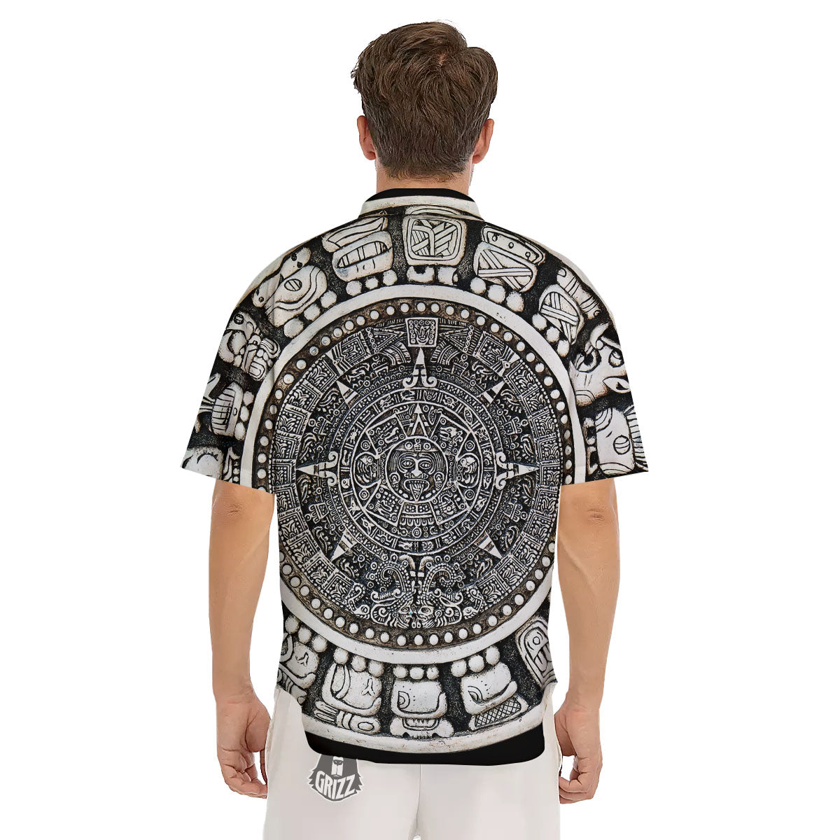 White And Black Maya Calendar Print Men's Short Sleeve Shirts-grizzshop