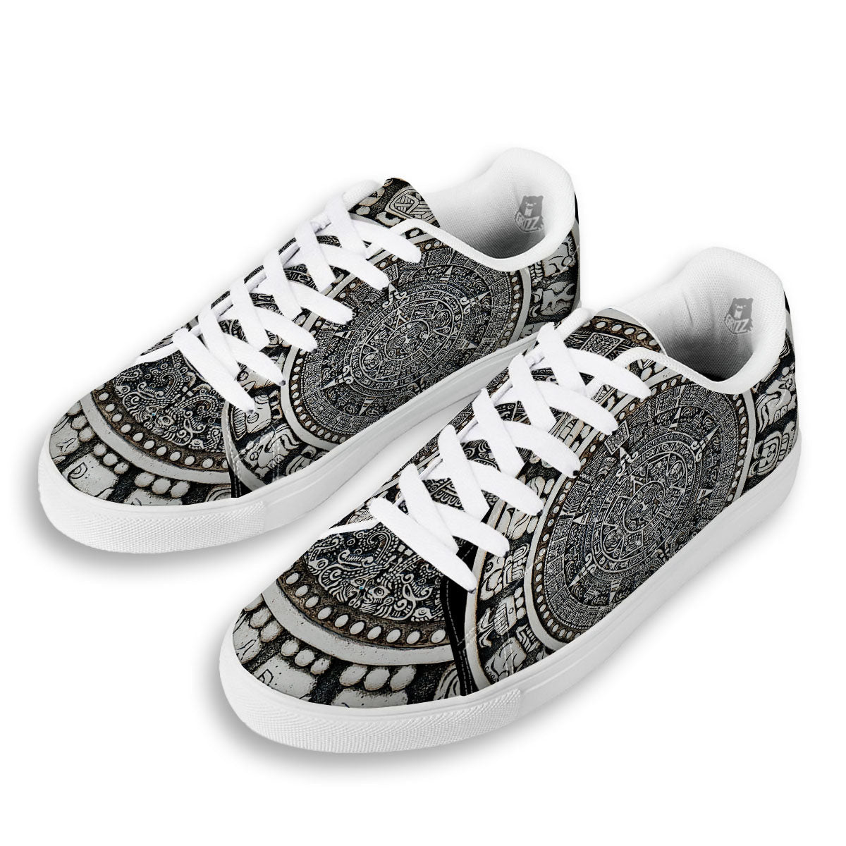 White And Black Maya Calendar Print White Low Top Sneakers-grizzshop