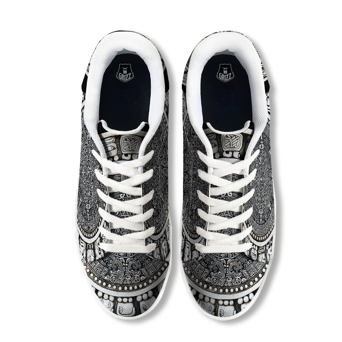White And Black Maya Calendar Print White Low Top Sneakers-grizzshop