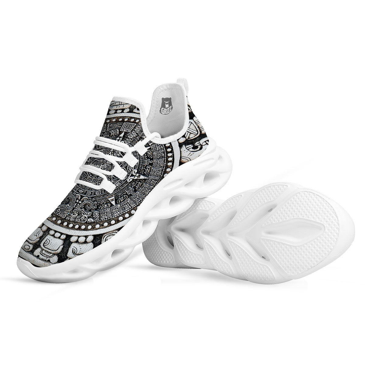 White And Black Maya Calendar Print White Running Shoes-grizzshop