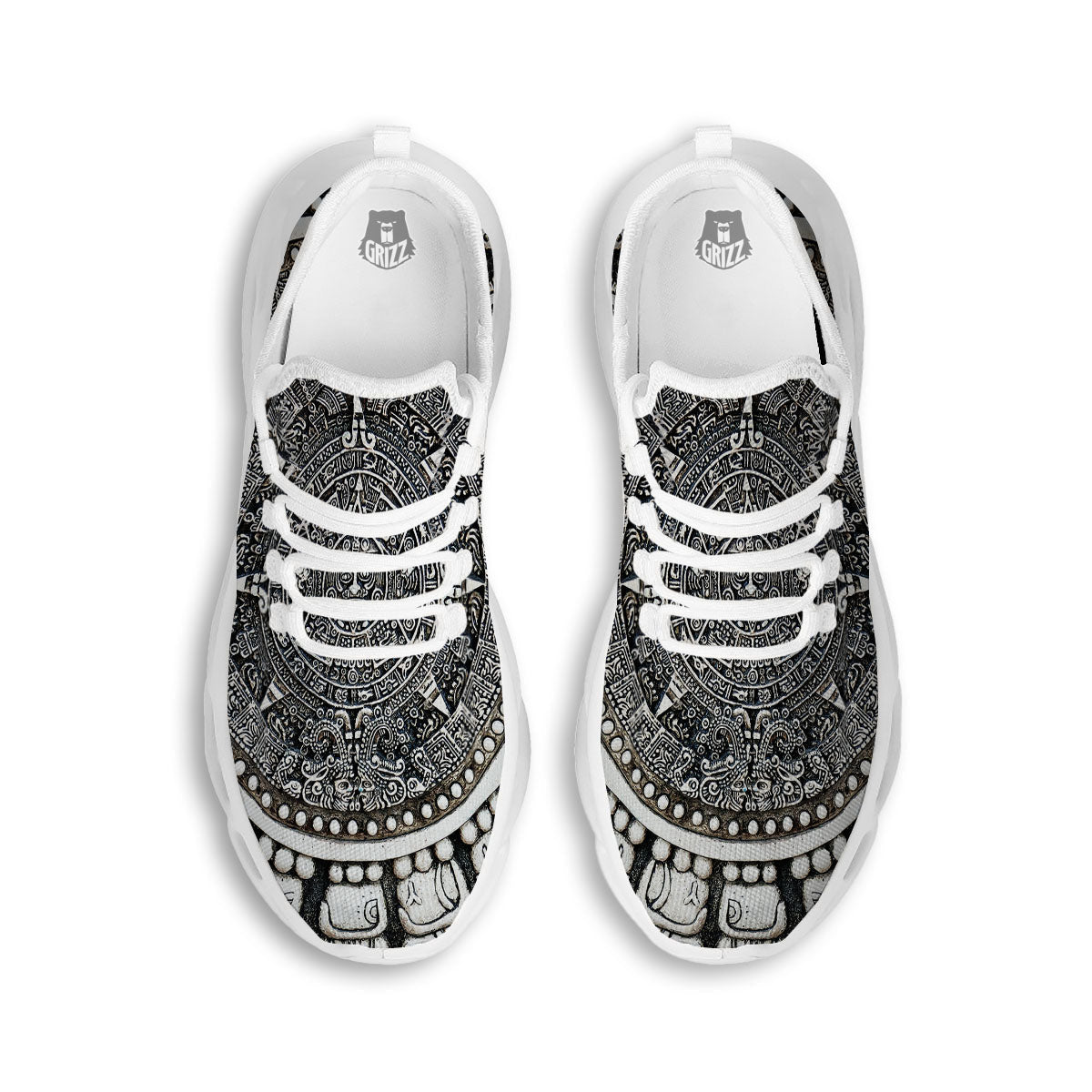 White And Black Maya Calendar Print White Running Shoes-grizzshop