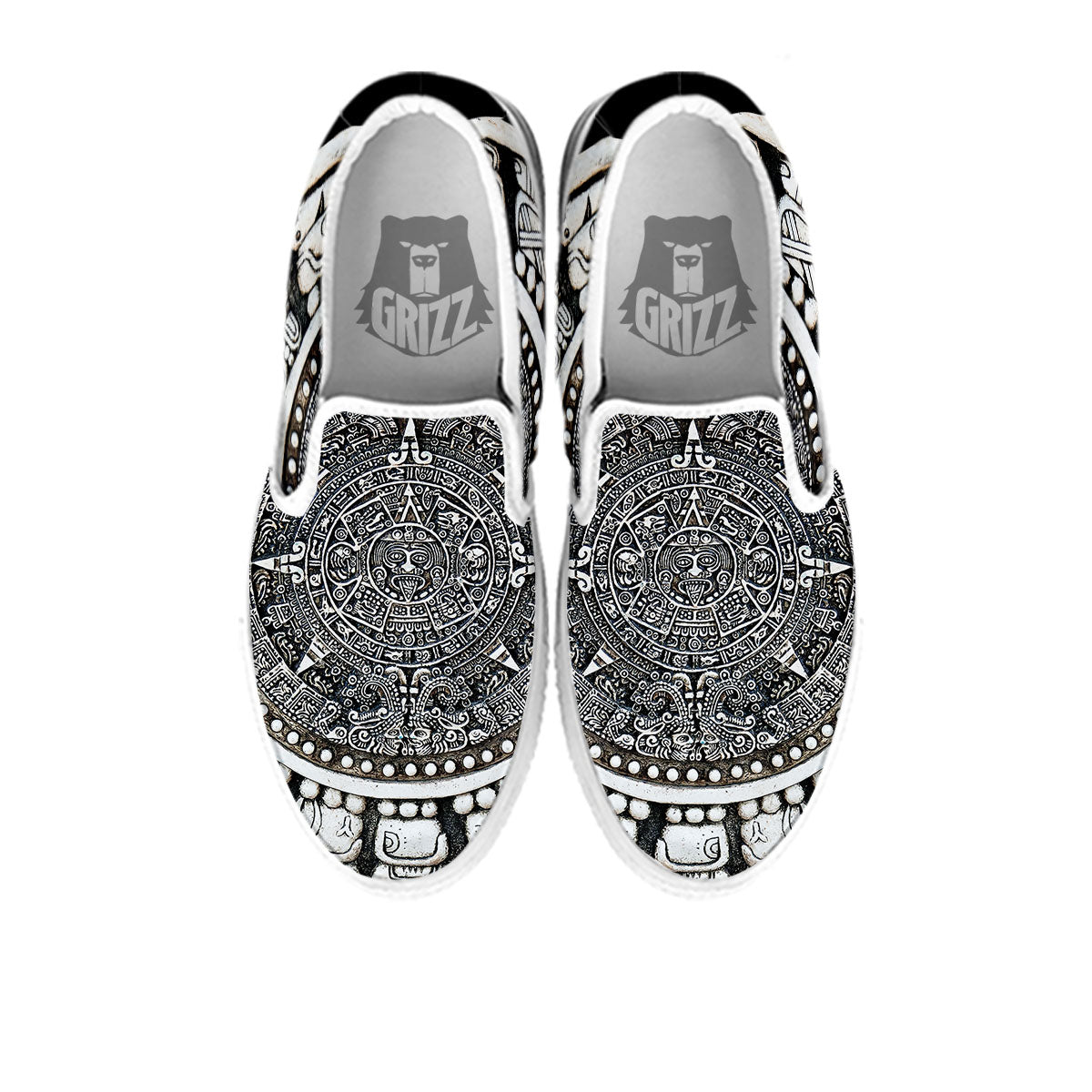 White And Black Maya Calendar Print White Slip On Shoes-grizzshop