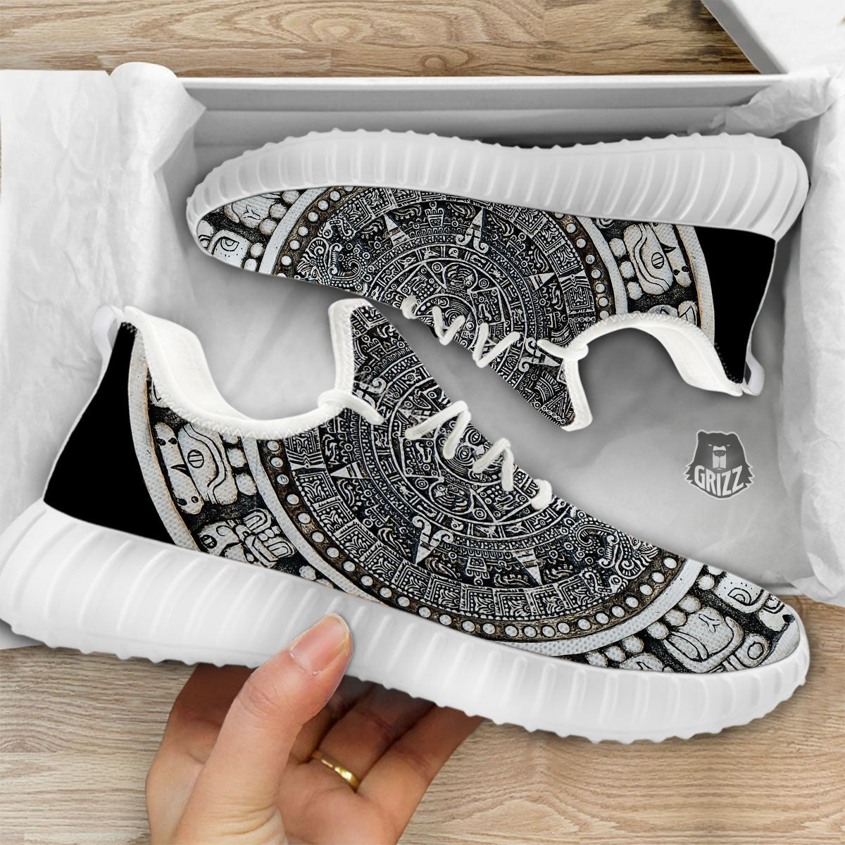 White And Black Maya Calendar Print White Walking Shoes-grizzshop