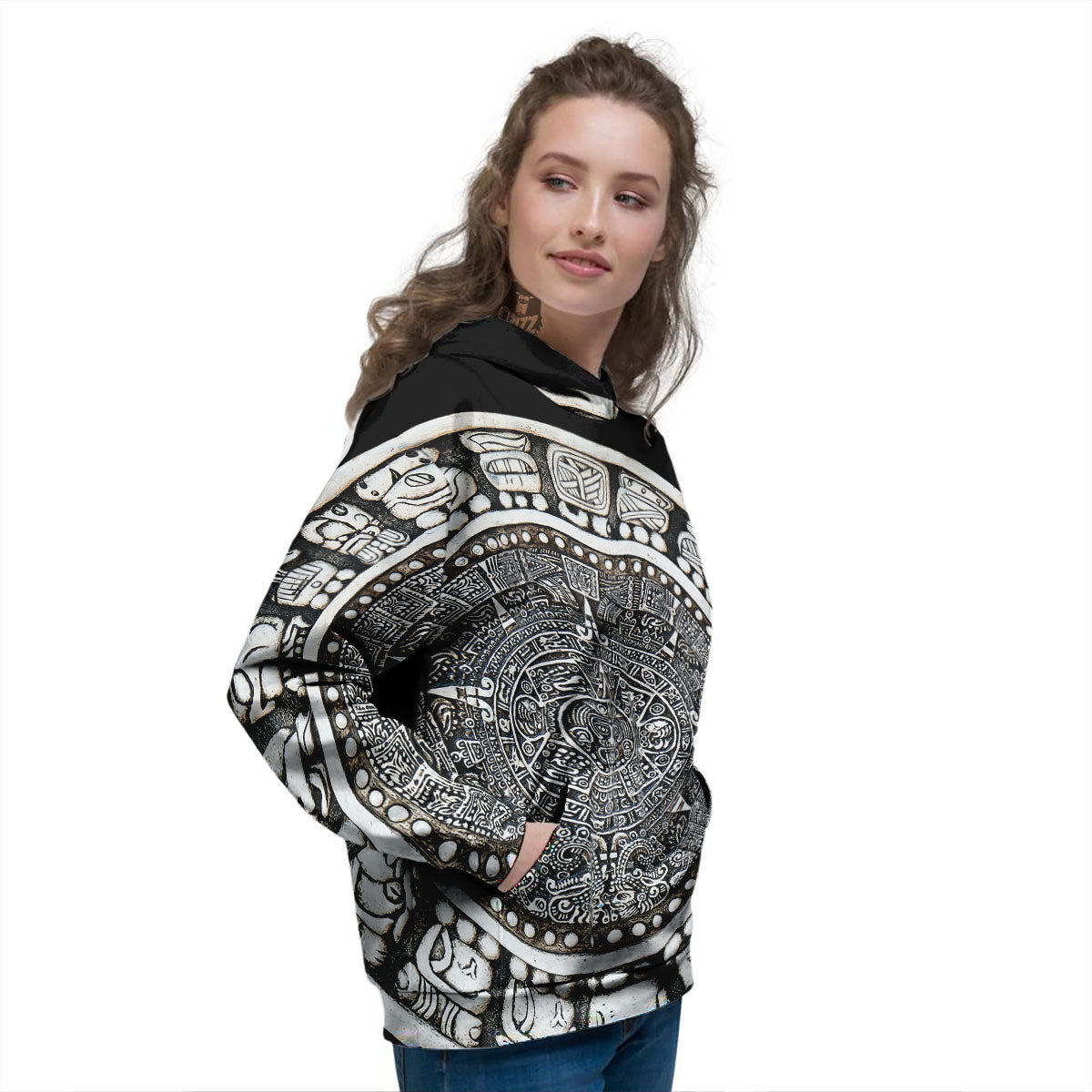 White And Black Maya Calendar Print Women's Hoodie-grizzshop