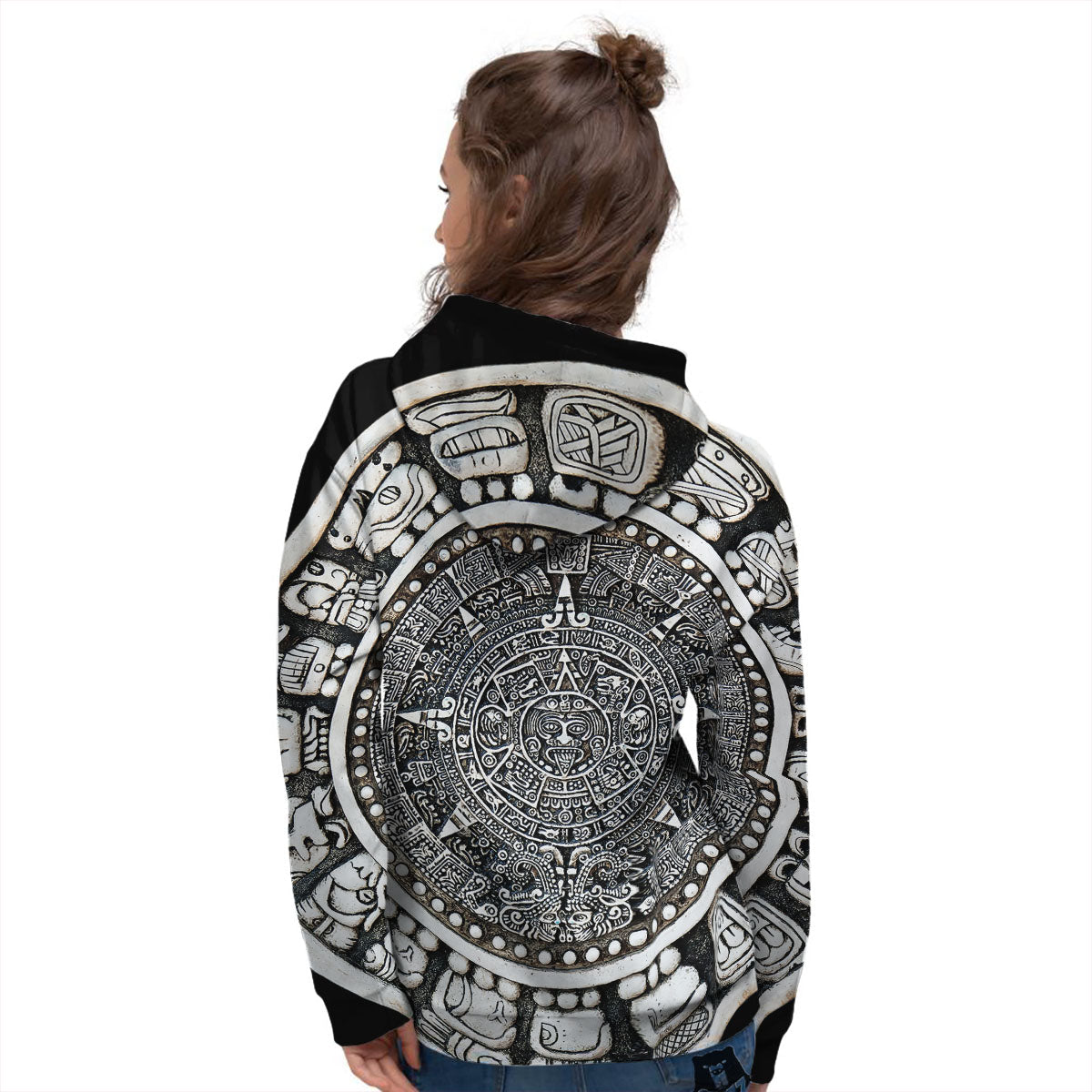 White And Black Maya Calendar Print Women's Hoodie-grizzshop