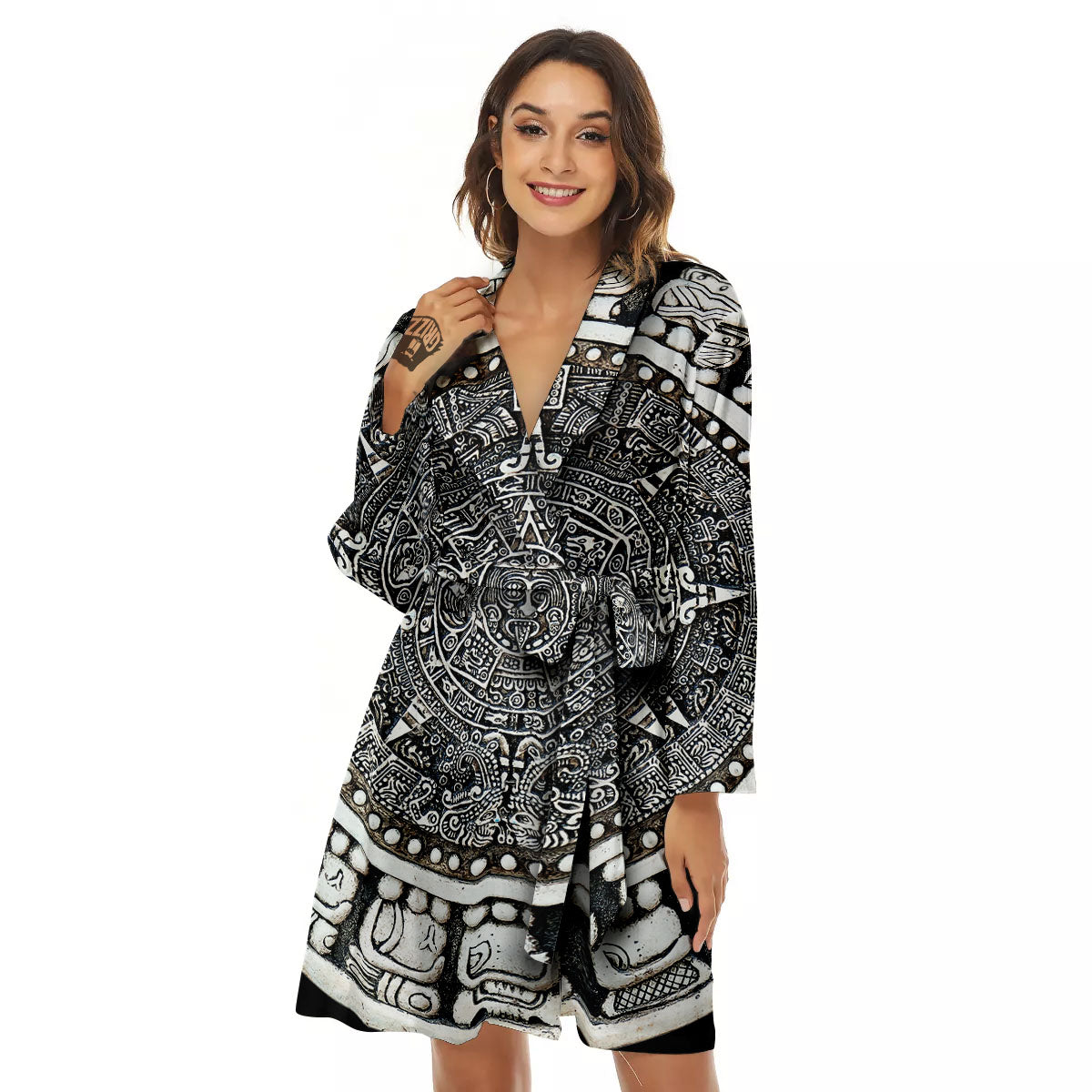 White And Black Maya Calendar Print Women's Robe-grizzshop