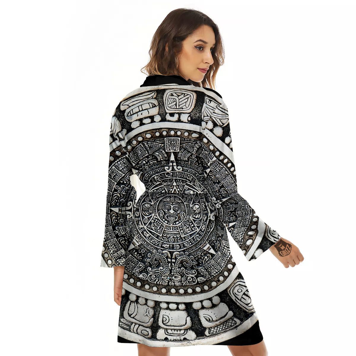 White And Black Maya Calendar Print Women's Robe-grizzshop