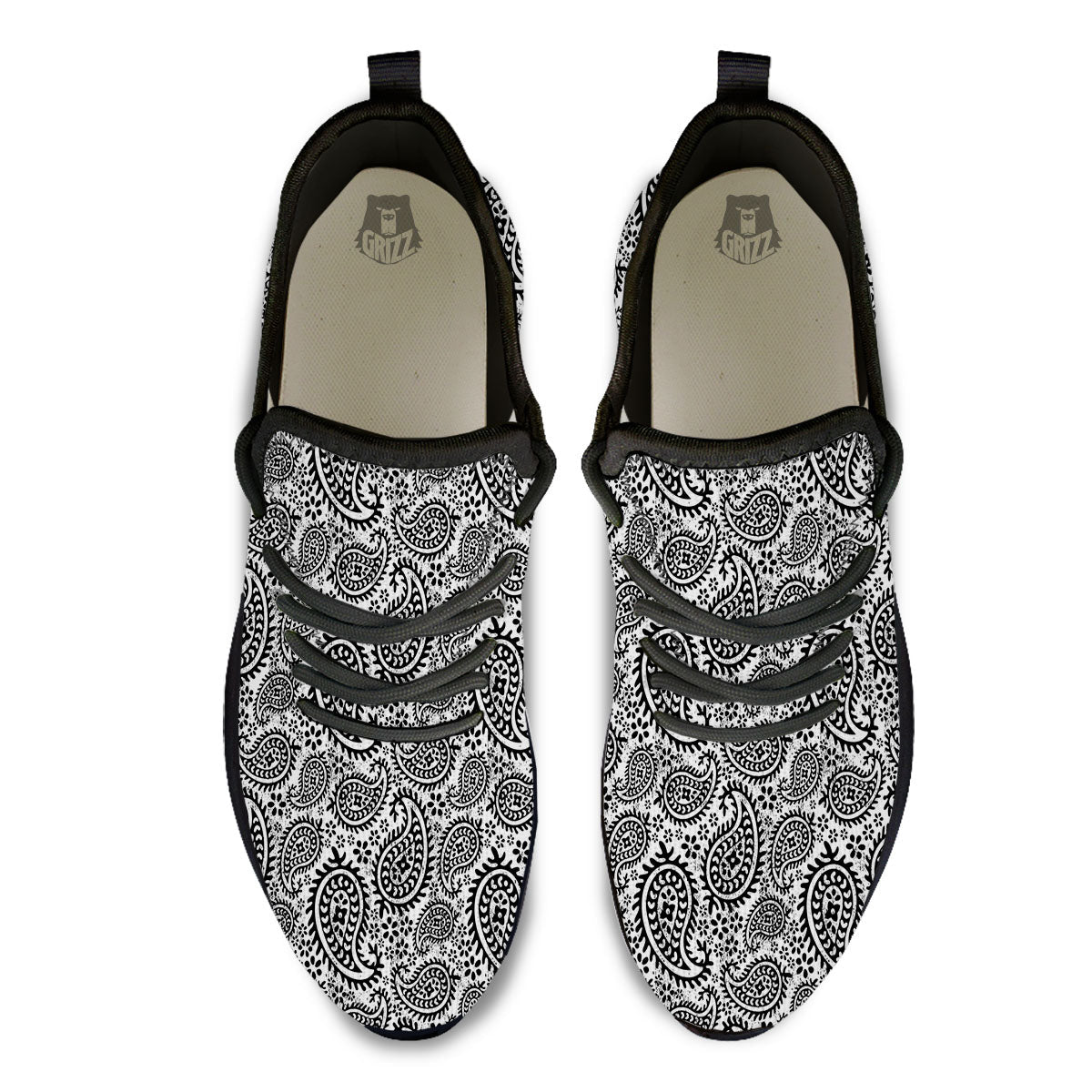 White And Black Paisley Print Pattern Black Athletic Shoes-grizzshop