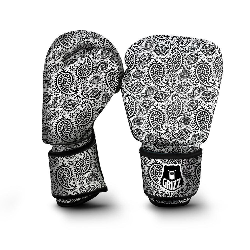 White And Black Paisley Print Pattern Boxing Gloves-grizzshop