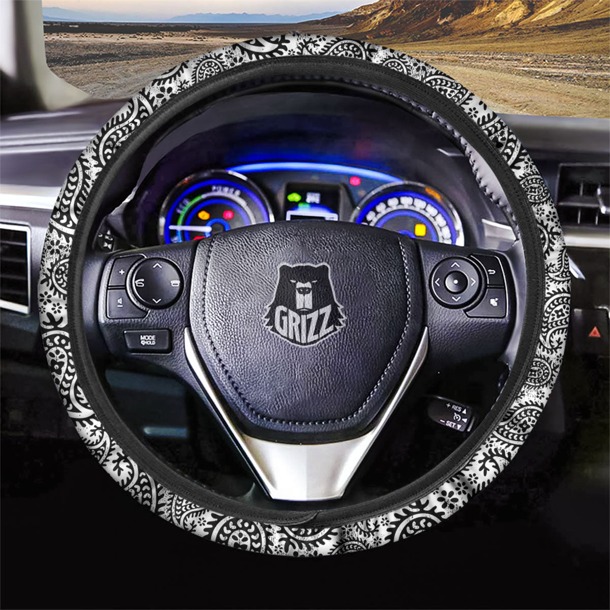 White And Black Paisley Print Pattern Car Steering Wheel Cover-grizzshop