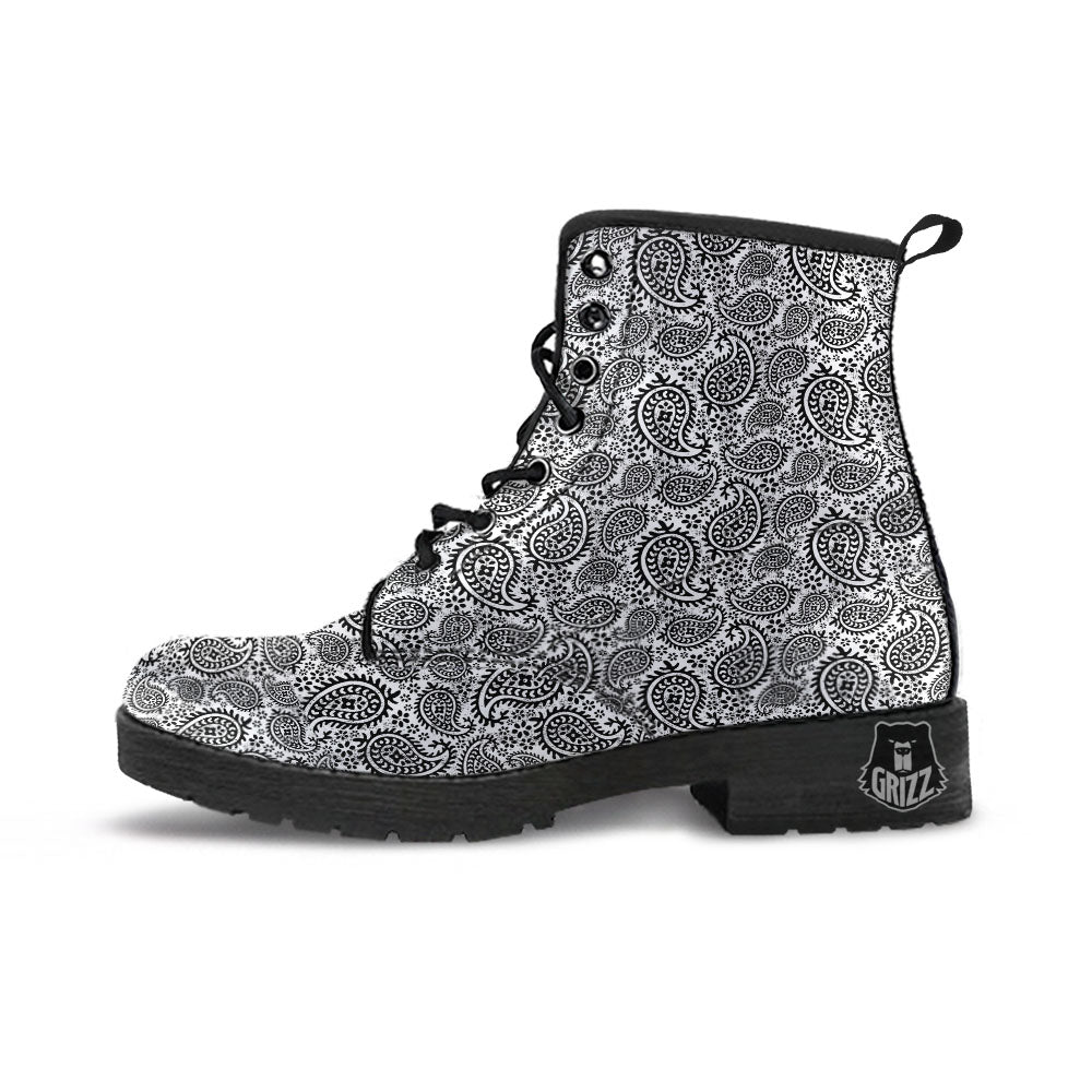 White And Black Paisley Print Pattern Leather Boots-grizzshop