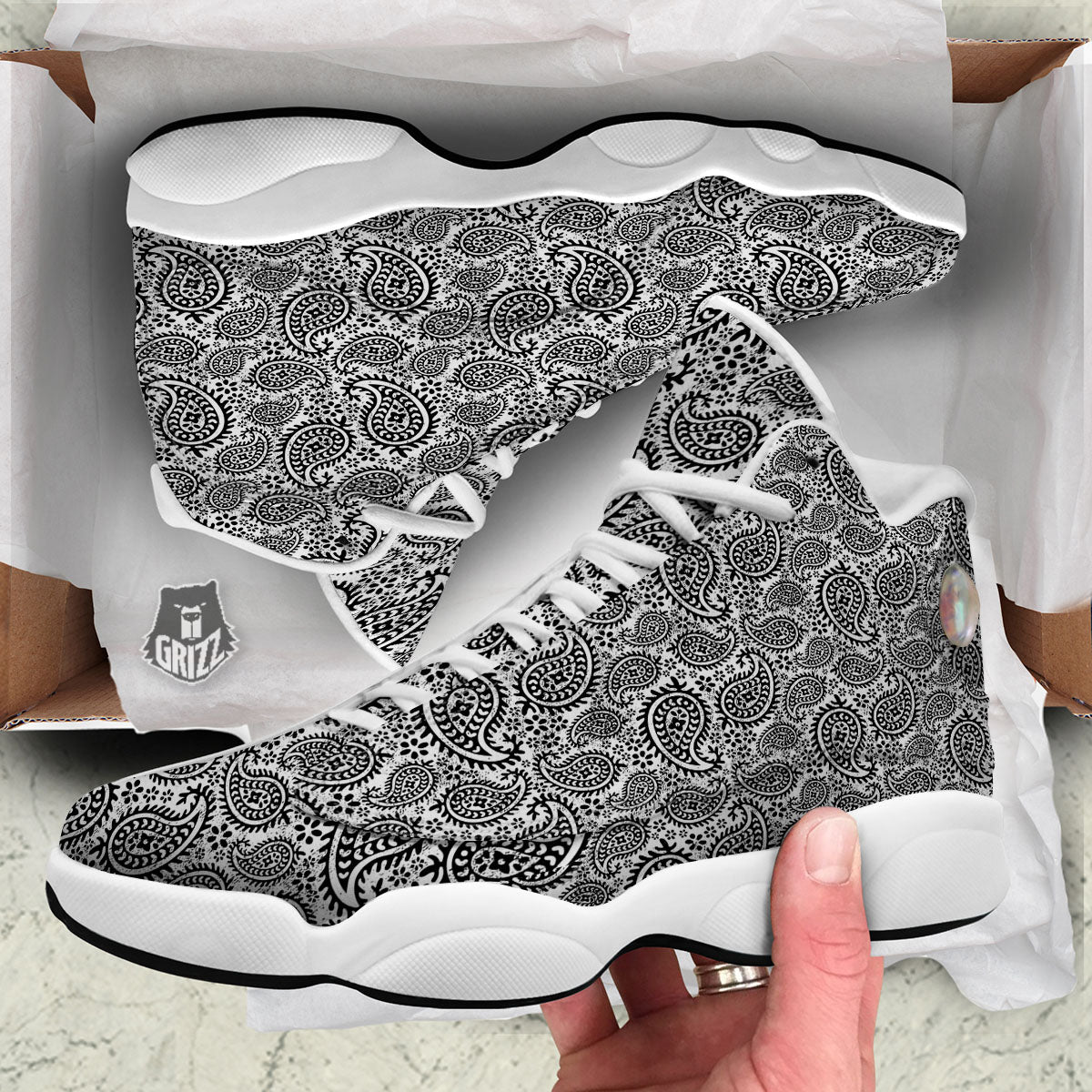 White And Black Paisley Print Pattern White Basketball Shoes-grizzshop