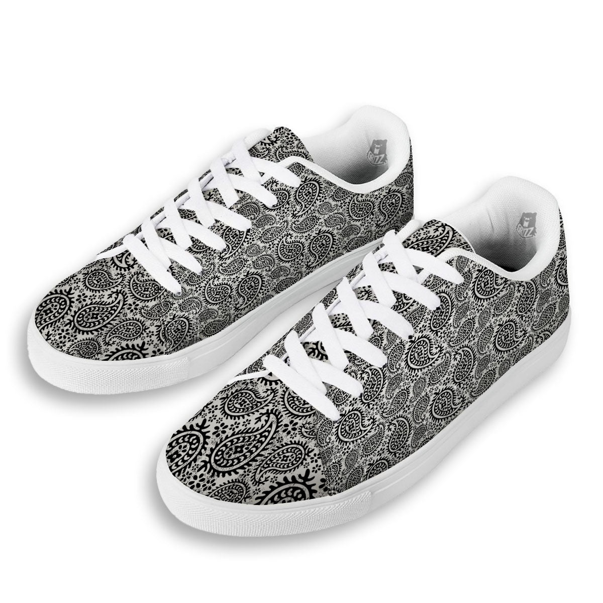 White And Black Paisley Print Pattern White Low Top Sneakers-grizzshop